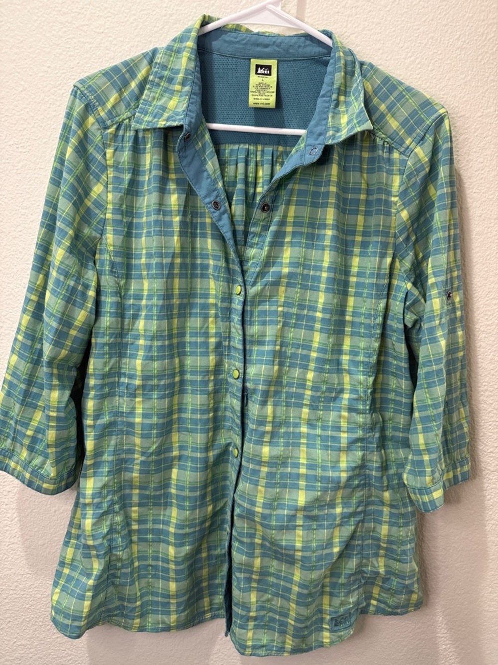 LARGE REI Women's Plaid Snap-Front Shirt Jacket in Teal and Lime